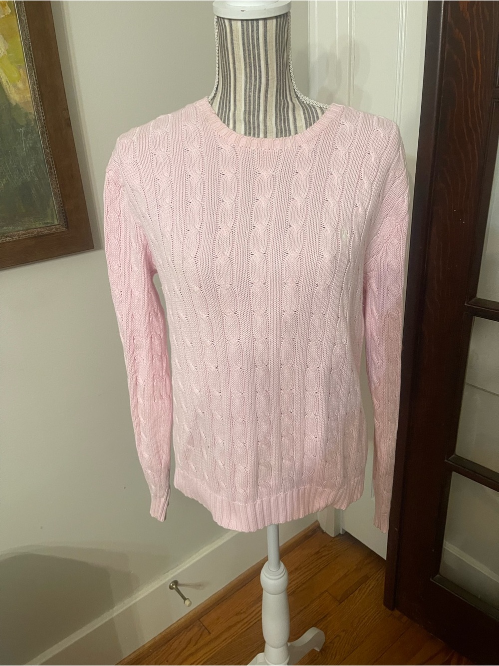Ralph Lauren Pink Cable-Knit Crewneck Sweater with White Pony